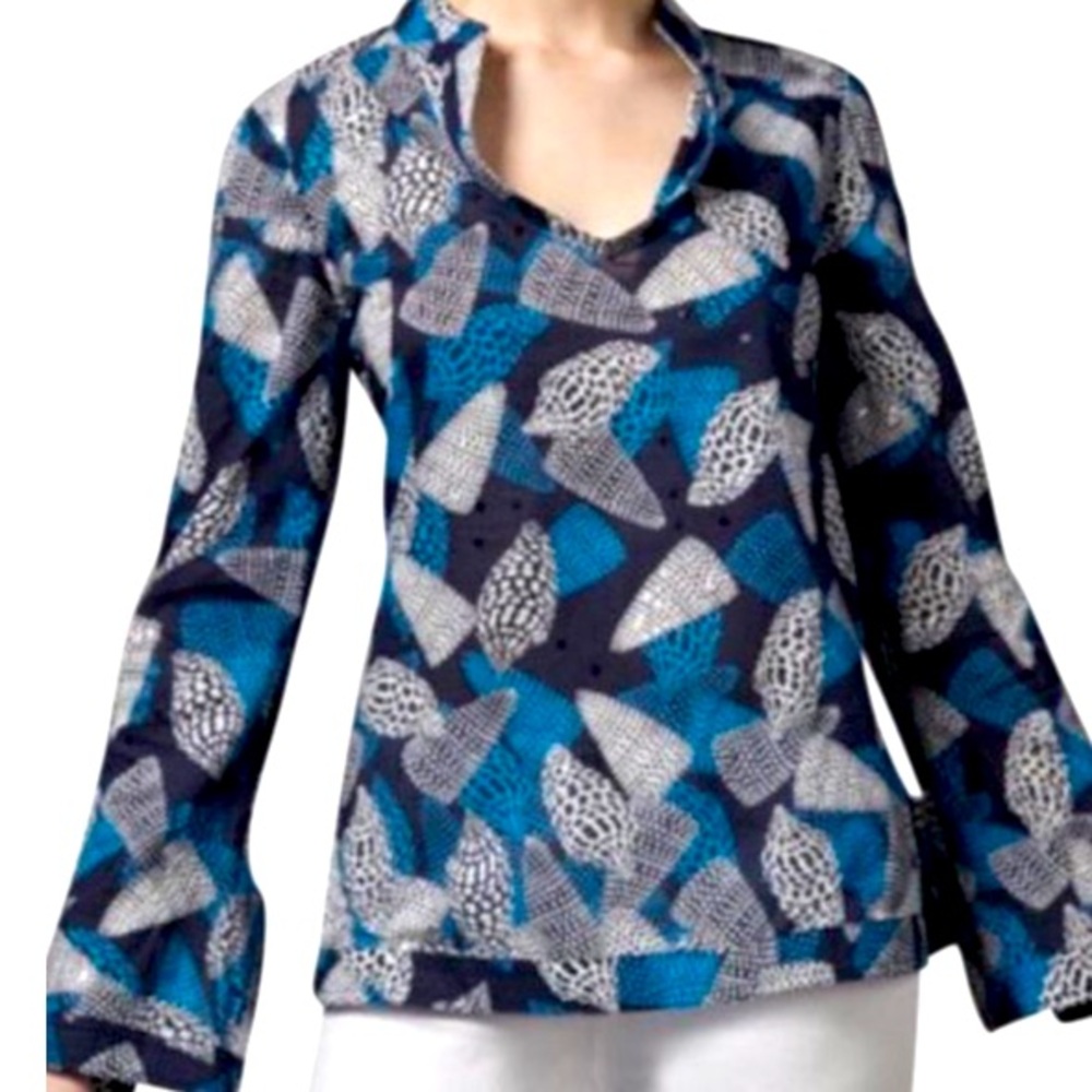 Tory Burch Stephanie blue sequined seashell patterned tunic size 2